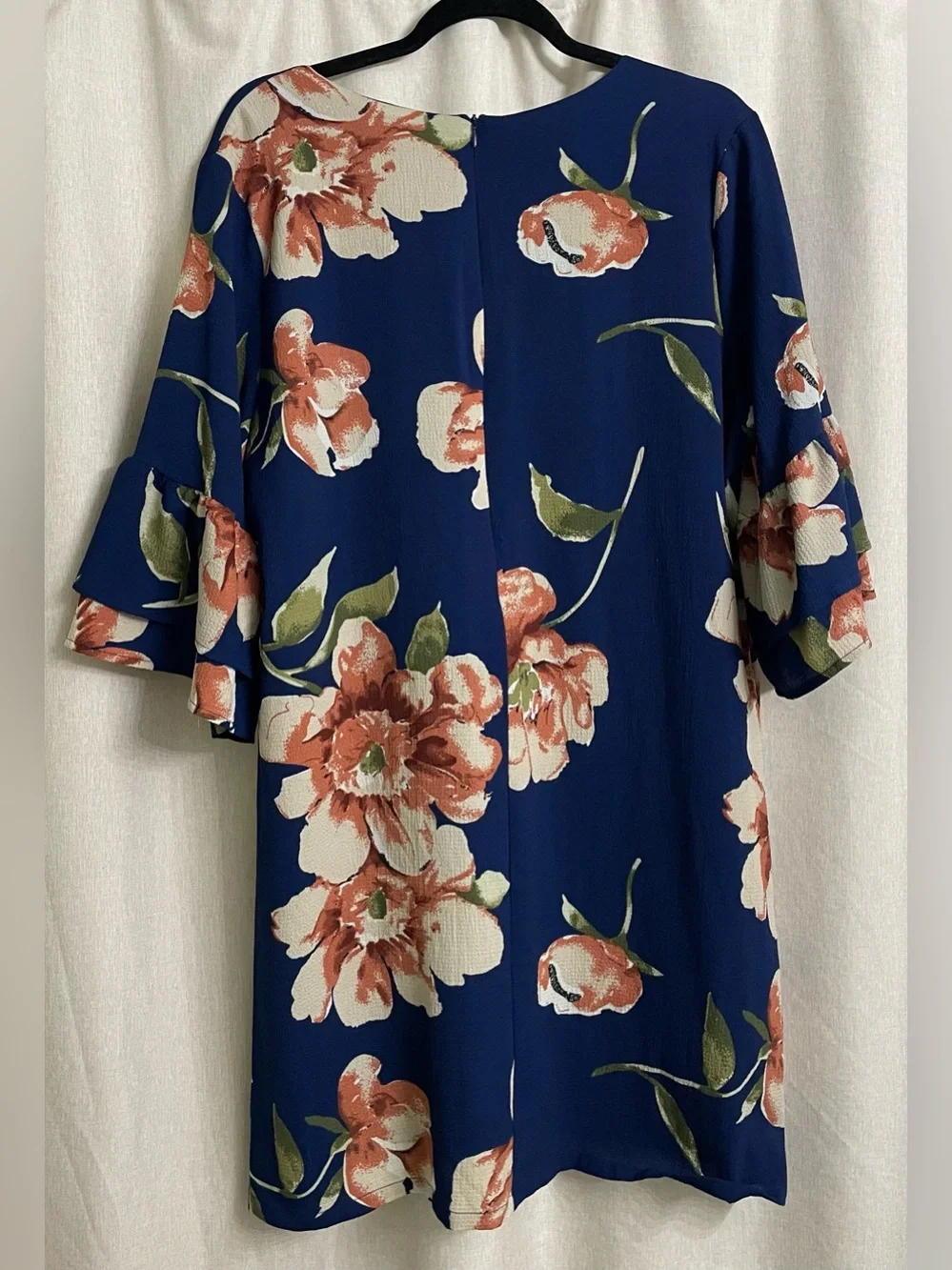 BelongSci Blue Floral Shift Dress Bell Sleeve V-Neck Size XXL